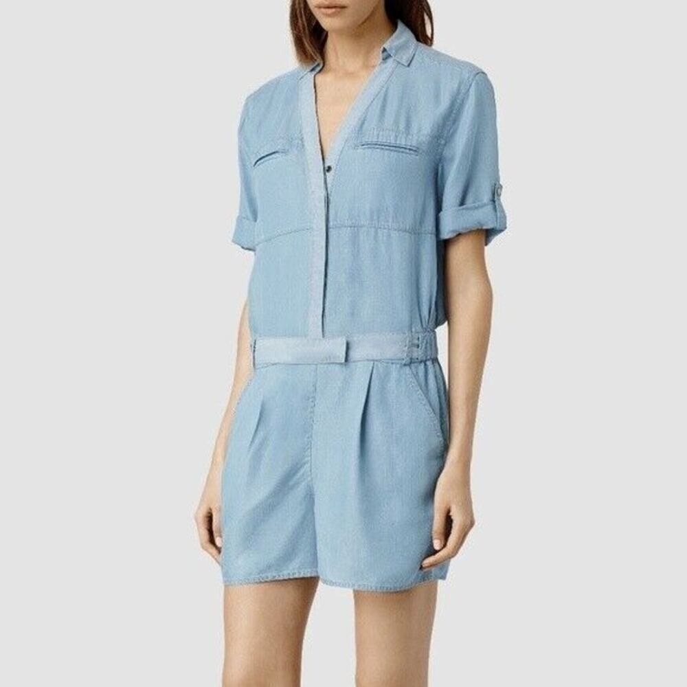 All‎ Saints Jada Playsuit Romper Size 10 Lyocell Belt Chambray Shorts Pockets